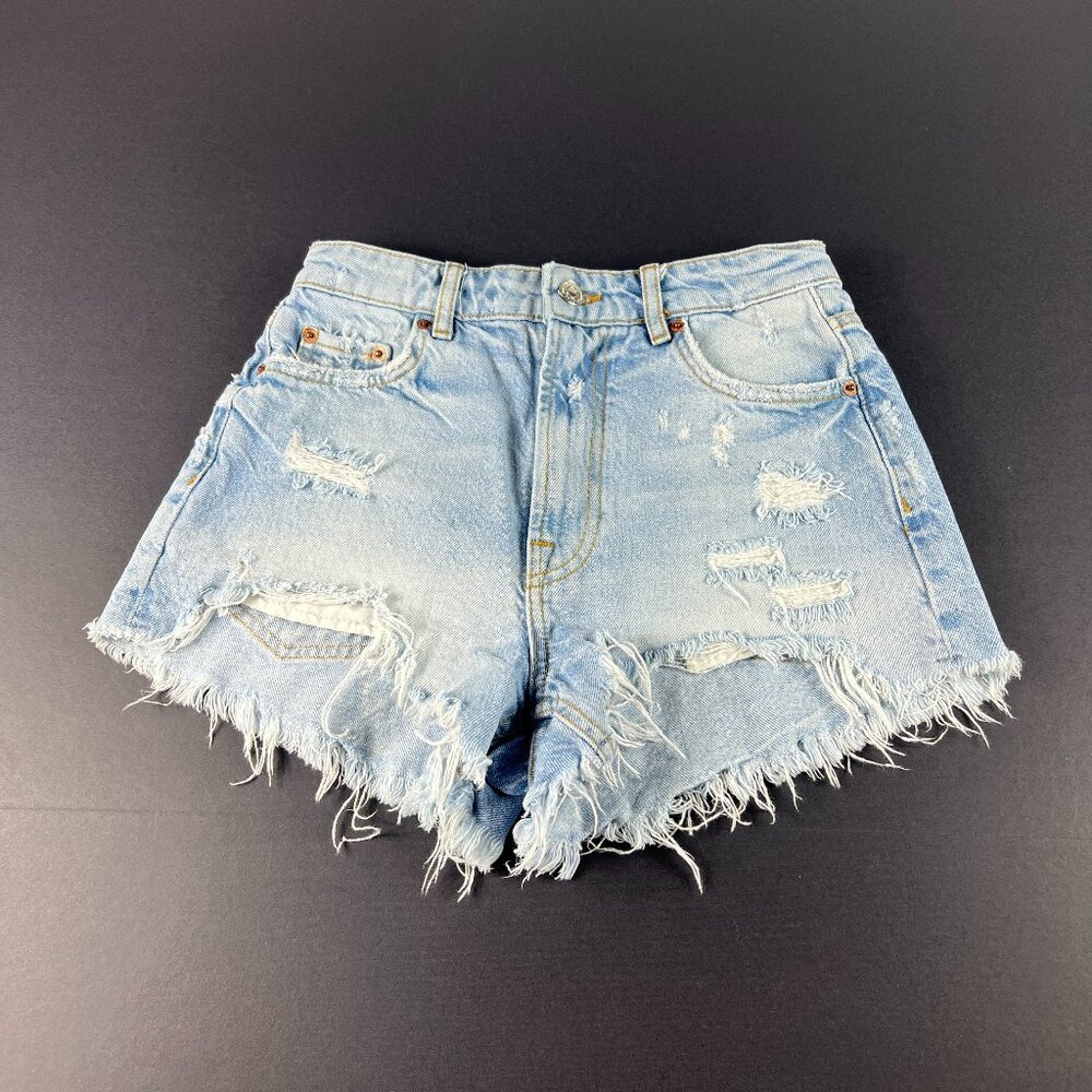 Zara Jean Shorts Women's 30* High Rise Blue Faded Distressed Cut Off Jorts Tag 2